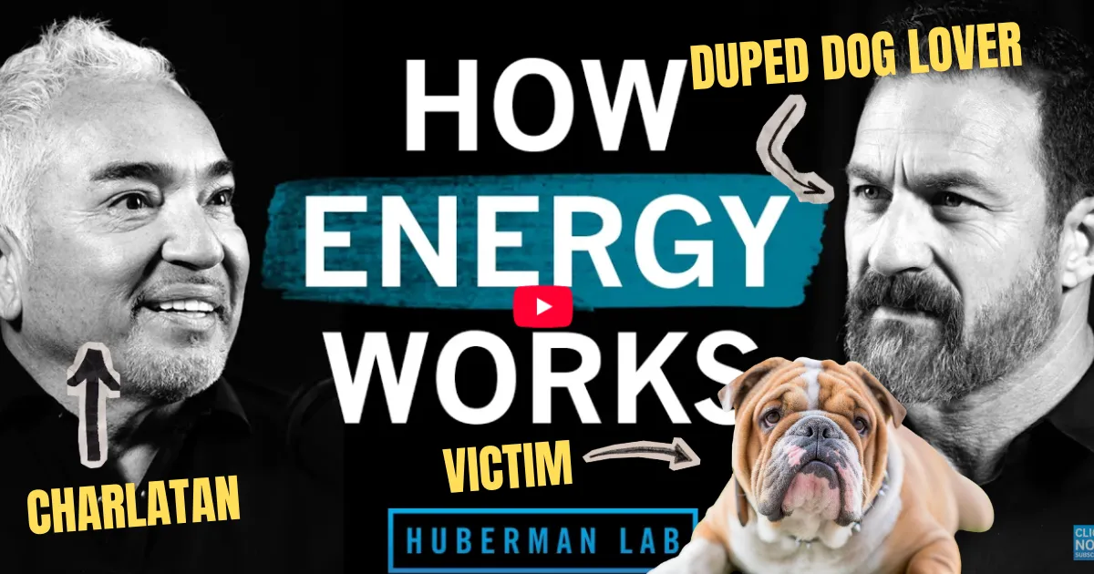 Edited thumbnail of Cesar Millan on Andrew Huberman's podcast, labeled "charlatan" and "duped dog lover"