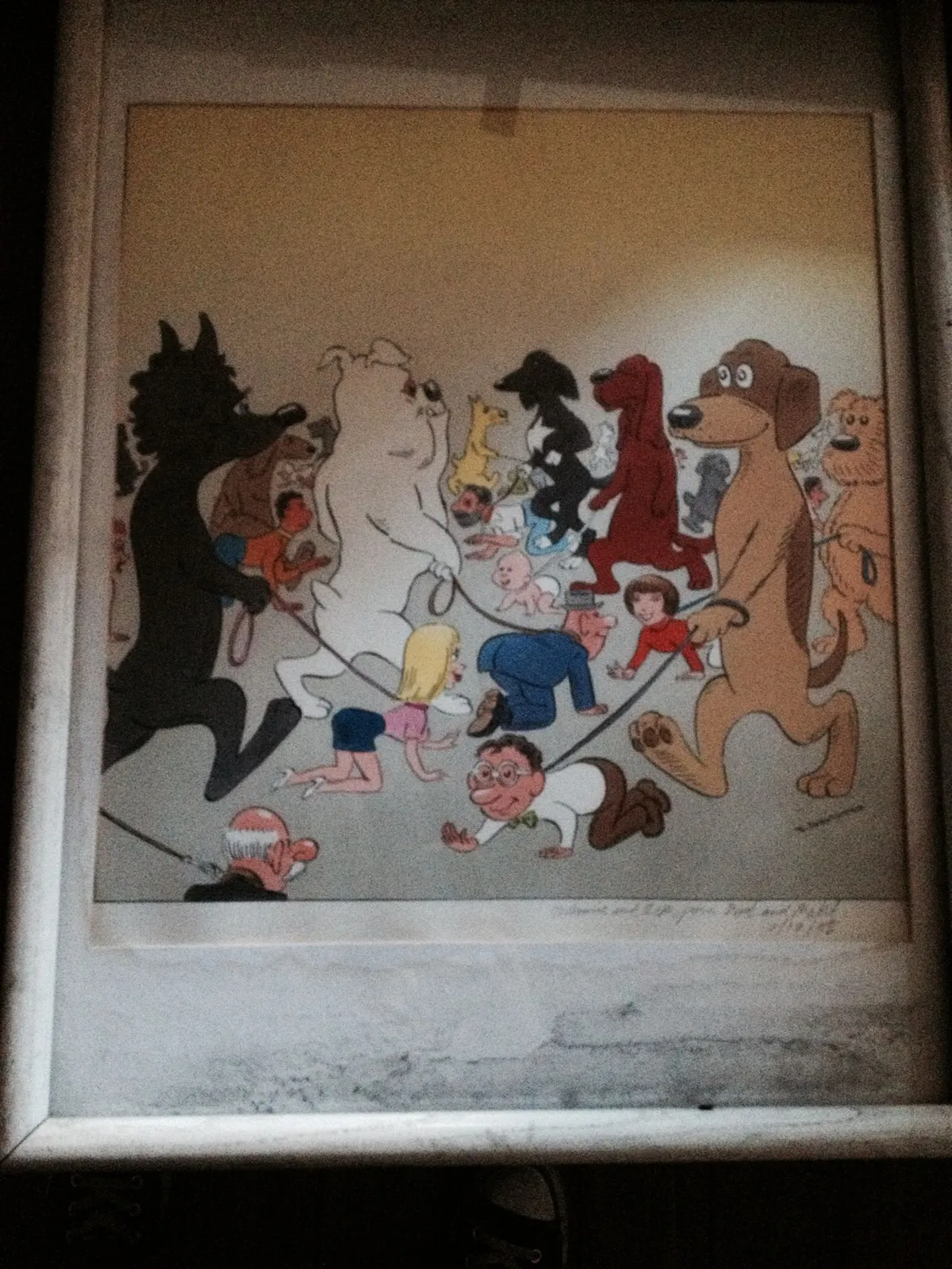 Robert Grossman's framed illustration of people walking dogs
