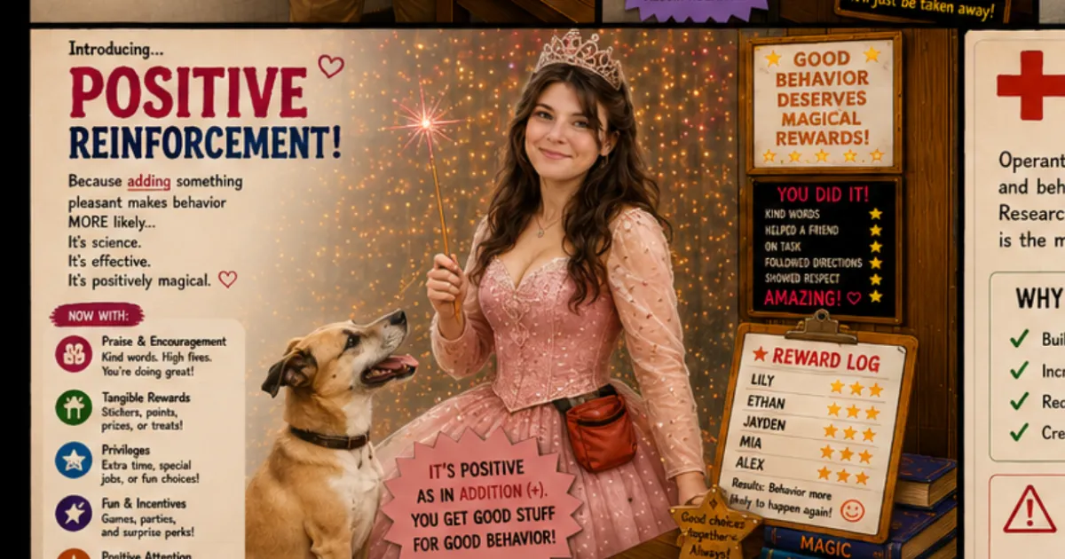 AI-illustrated character introducing positive reinforcement, a princess with a dog and a reward chart