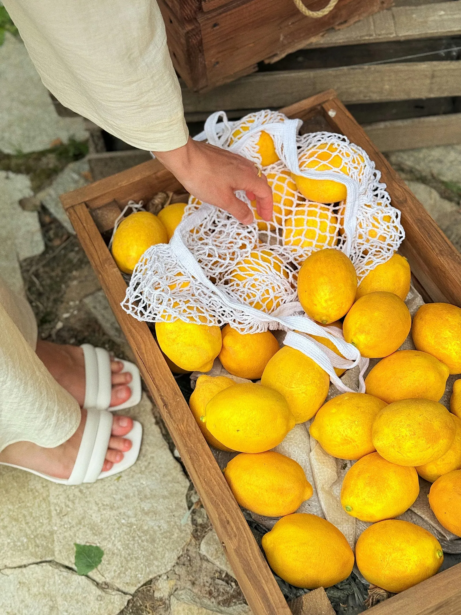 A hand reaching for lemons in a crate