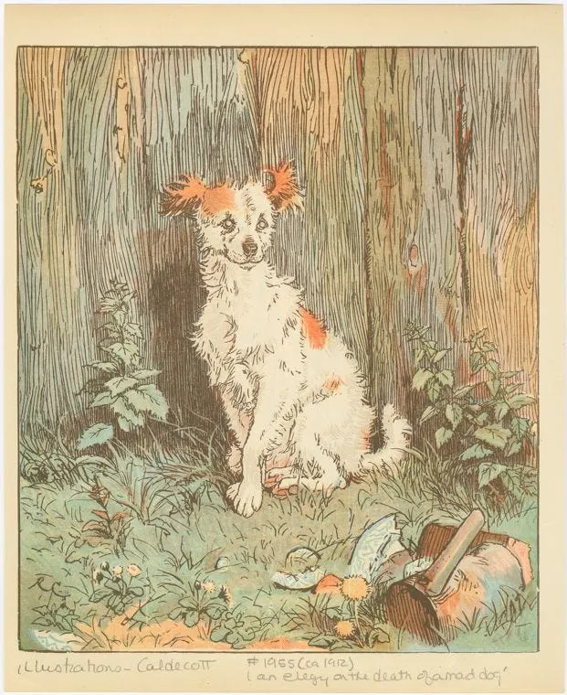 Vintage illustration of a small dog sitting in a garden