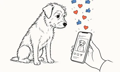 Drawing of a dog watching a phone screen fill with likes and hearts