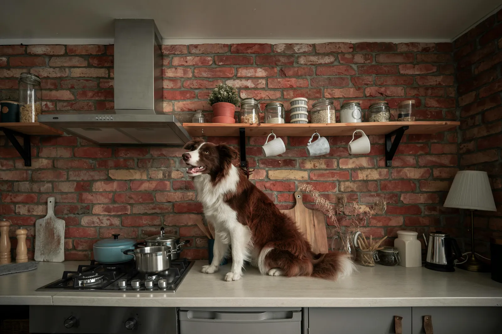 A dog standing with its paws on a kitchen counter