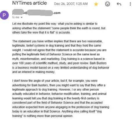 The email I got from the then head of the Certification Council For Professional Dog Trainers in advance of publishing an article about an uptick in people looking to become trainers. Today, what she is saying makes complete sense to me. Back then, I am ashamed to admit that I thought she was being touchy and was splitting hairs.