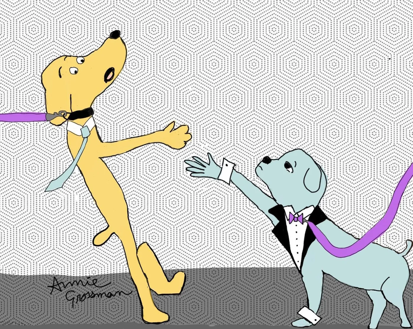 A short leash can cause you to yank your dog during a greeting, even inadvertently. Repeated experiences like this can lead to your dog feeling uncomfortable about greetings, and even lead to bad associations with other dogs in general. (Illustration by author).
