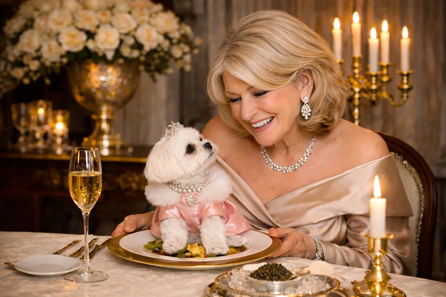 A woman in an evening gown at a candlelit dinner table with a small white dog