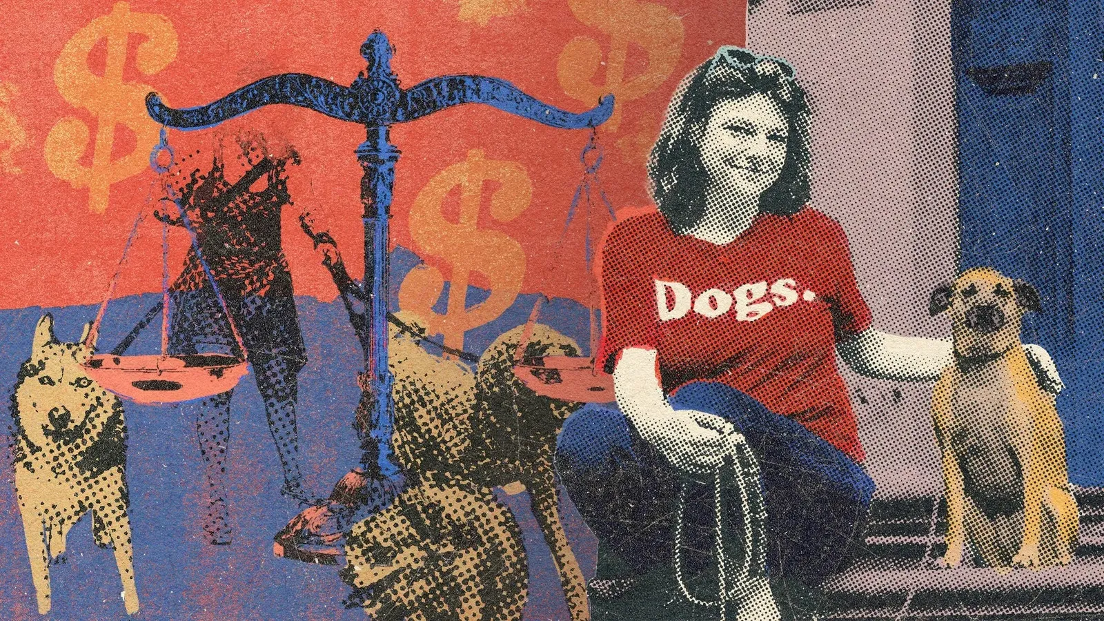 Collage of Annie Grossman in a red Dogs shirt with dogs, a balance scale and dollar signs
